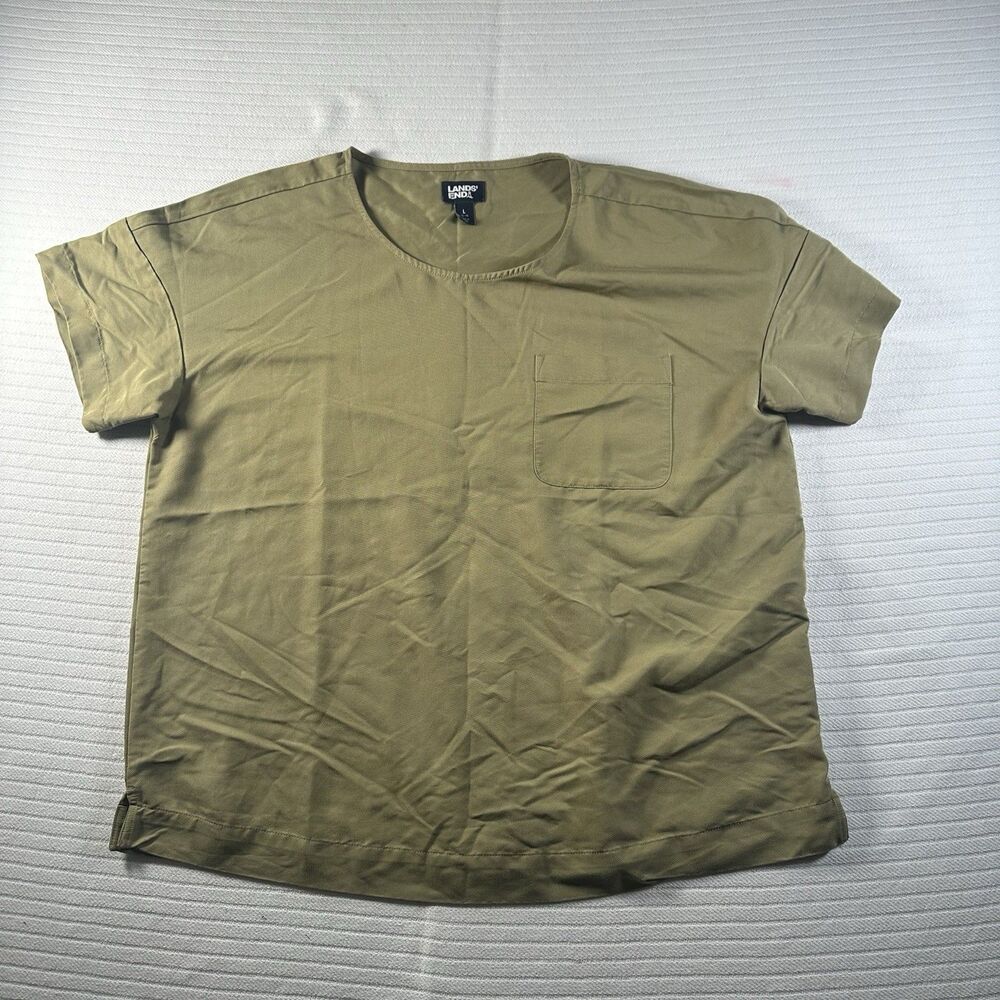 Lands’ End Women’s Large Olive Green Pocket Tee Shirt Short Sleeve Casual Top